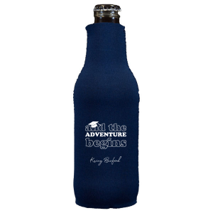 Celebrate the grad with And The Adventure Begins Can Cooler. This custom party favor can be personalized with the graduate's name in an elegant script font. This can cooler is perfect for graduation parties.