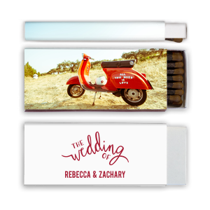 ForYourParty's personalized White Square Custom Photo Matchbox with Matte Lipstick Red Ink Digital Print Colors and Matte Slate Gray Ink Digital Print Colors has a The Wedding Of graphic and is good for use in Words, Wedding themed parties and will impress guests like no other. Make this party unforgettable.