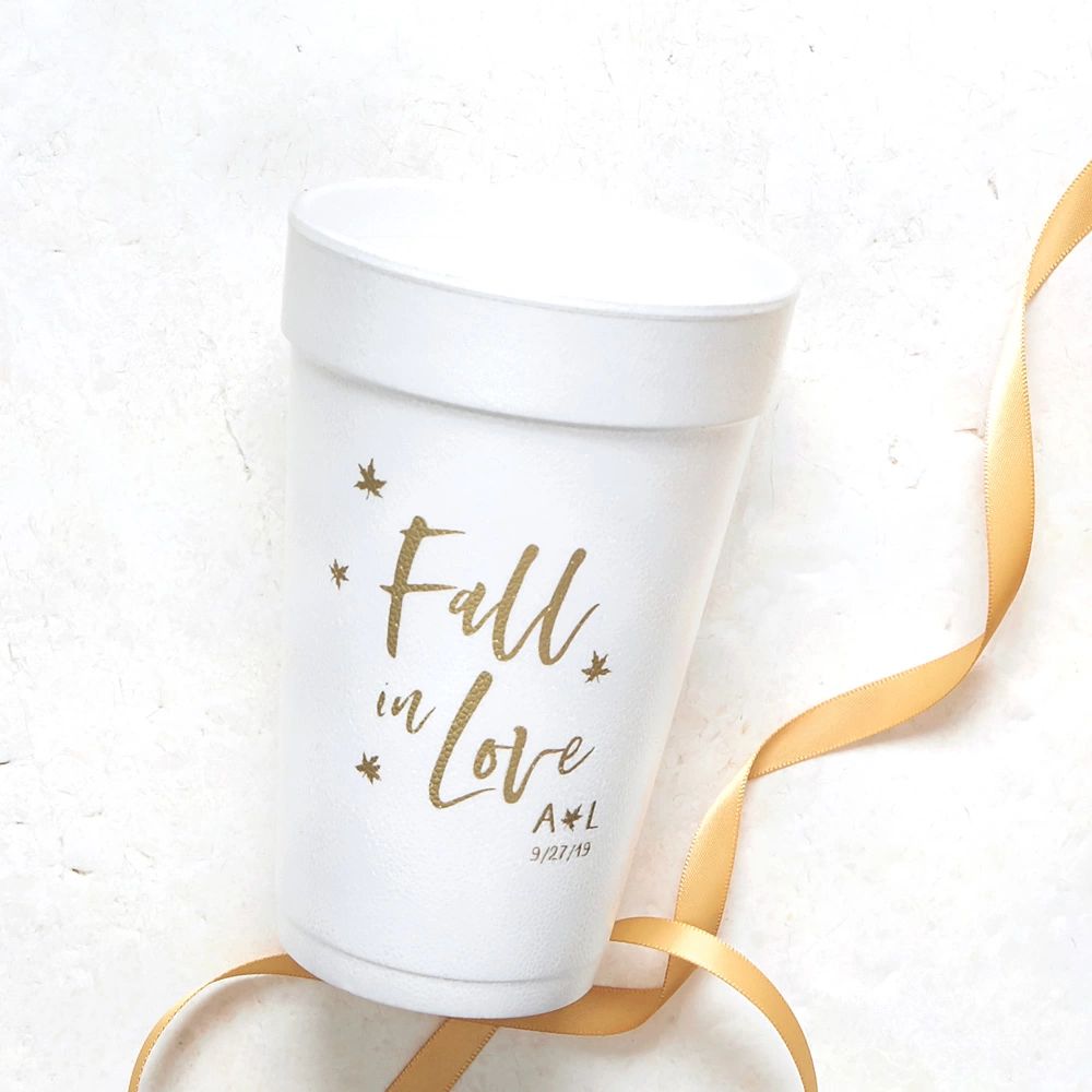 personalized Fall in Love styrofoam cup for engagement party