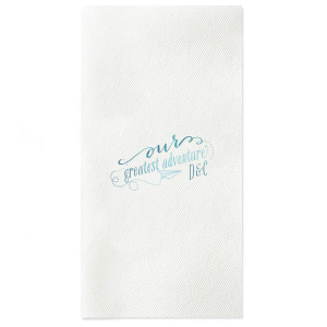 Launch your celebration into a new chapter with the Our Greatest Adventure Couples Napkin. Featuring an imaginative paper airplane graphic, the design soars from "our" into a vibrant swirl around "greatest adventure," spotlighting the couple's initials. It's all about energy, movement, and journeying together!