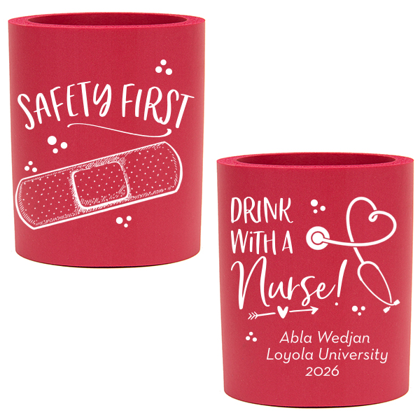 ForYourParty's chic Red Flat Can Cooler with Matte White Ink Cup Ink Colors has a Bandaid graphic and a Stethescope Heart graphic and is good for use in Graduation, Hearts themed parties and can be customized to complement every last detail of your party.