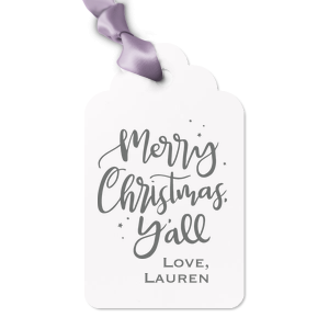 ForYourParty's chic Stardream Rose Gold Luggage Gift Tag with Matte Ivory Foil has a Merry Christmas Y'All graphic and is good for use in Christmas and Holiday themed parties and gift giving and can be personalized to match your exact theme and tempo.
