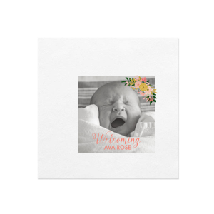 Blossoming Joy. Celebrate your bundle of joy with the Floral Baby Announcement Photo Napkin. A vibrant floral bough gracefully adorns the corner, adding a burst of color to your precious photo. Personalize with two lines below to make this keepsake as unique and special as your little one.

