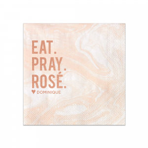 Infuse humor and style into your celebration with the Eat. Pray. Rosé. Napkin. This playful twist stacks 'Eat', 'Pray', and the wine-themed 'Rosé', punctuated with a heart, and the celebrant's name. Perfect for wine lovers, it's an amusing, chic addition to any joyful event.