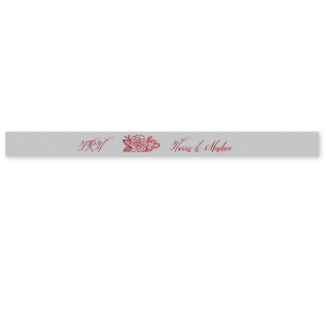 Our custom Sterling Silver 7/8" Satin Ribbon with Shiny Merlot Foil has a Peony Accent graphic and is good for use in Floral and Royal type parties, especially weddings and can be personalized to match your party's exact theme and tempo.