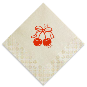 Pair your next special occasion with the Cherry Bow Initials Napkin! The two cherries are tied together by a bow, reflecting the partnership of you and your sweetheart. Customize the text to make it extra special at your next momentous occasion, be it an engagement, wedding, anniversary or any other celebration of love.