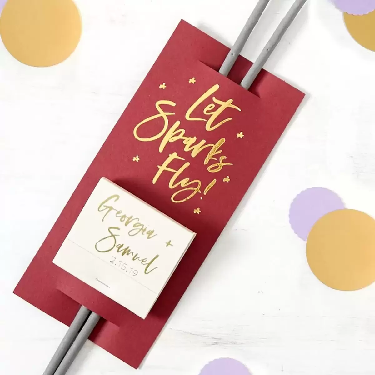 coordinating wedding sparkler sleeve and wedding matches