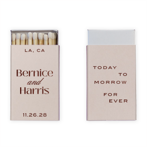 Show how everlasting your love is with the Today, Tomorrow, Forever Matchbox. Customize the matchbox with you and your sweetheart's names to create a bespoke design that exemplifies your commitment to one another. Featured in our Burgundy Wedding theme, match your special occasion with any number of stylish products to create a cohesive vision. 