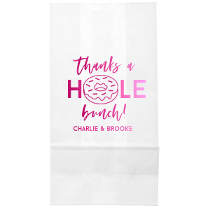 Our personalized White Party Bag with Shiny Fuchsia Foil has a Donut graphic and is good for use in Food, Birthday themed parties and will make your guests swoon. Personalize your party's theme today.