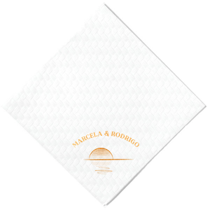 Seal your day with the Sunset Vows Arch Napkin, capturing the romance of a setting sun behind the couple's names in an elegant arch. This design sets a serene scene, perfect for a wedding infused with the glow of new beginnings.