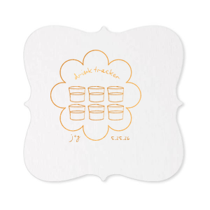 Keep tabs on the evening's libations with the Kitschy Cocktail Hour Drink Tracker Coaster, an inventive element for a whimsical and modern wedding. This unique coaster features floral-framed modern line drawings of glasses, providing a chic way for guests to mark their drink count. Personalize with the couple's initials and wedding date for a functional yet stylish keepsake.