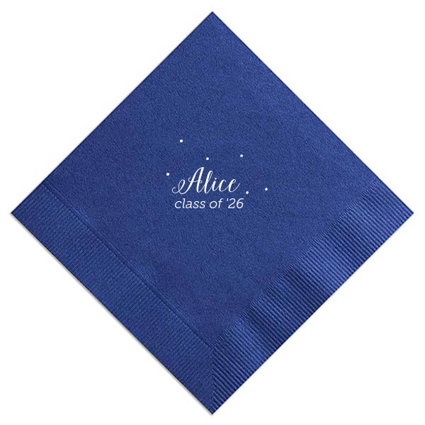 Commemorate your graduate’s achievement with our Sweet Dots Graduation Napkin. It gracefully features your graduate’s name in an elegant cursive, surrounded by six delicate dots that add a subtle sparkle. The class year, prominently displayed beneath, anchors this simple yet sweet tribute to their hard work and success.