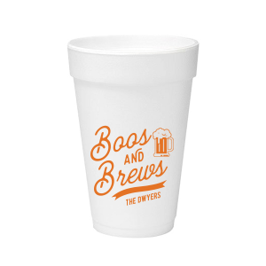 Personalized 12 oz Styrofoam Cup with Matte Tangerine Ink Cup Ink Colors has a Brew graphic and is good for use in Drinks and Halloween themed parties and can't be beat. Showcase your style in every detail of your party's theme!