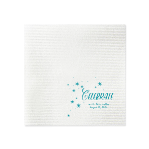 Ignite the party with the Twinkling Stars Celebrate Napkin! A dazzling burst of stars floats in the air, emphasizing the jubilant "Celebrate". Like fireworks in the night sky, this design captures the essence of pure festivity.