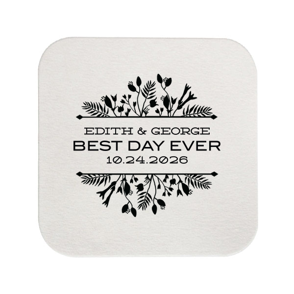Create an instant party favorite with custom coasters! Personalize this Floral Frame design with your names and theme color for a cute and memorable touch to your wedding bar that guests can also take home as personalized party favors.