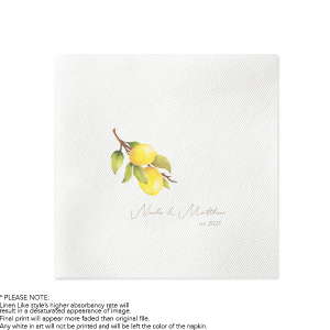 This custom photo napkin features a watercolor lemon design. Perfect for achieving that classic Italian vibe at your destination wedding!