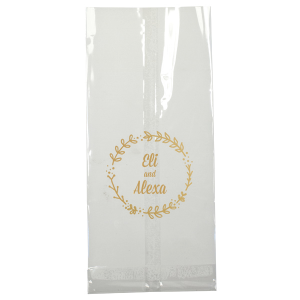Our custom Satin 18 Kt. Gold Small Cellophane Bag with Satin 18 Kt. Gold Foil has a Leaf Frame graphic and is good for use in Floral themed parties and are a must-have for your next event—whatever the celebration!
