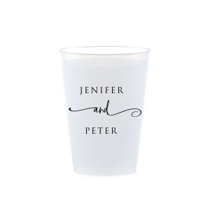 The Elegant Union Cup displays the couple's names, neatly stacked with artistic flair. A flowing flourish artistically intertwines the word 'and', adding a touch of whimsy. This design beautifully balances simplicity with a hint of fancy, making it a charming personalized detail for any event.