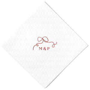 Embrace the essence of your wedding day with the Loopy Love Bow Napkin, customized with the couple's initials and adorned with a unique loopy bow graphic. A playful yet elegant touch for your matrimonial celebration.