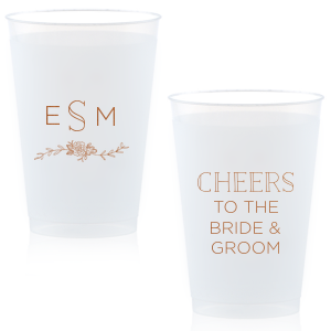 Personalize this cup for beautiful wedding barware that doubles as a party favor. Our Peony Accent and the embellished block font make the design perfect for a woodland or greenery themed wedding.
