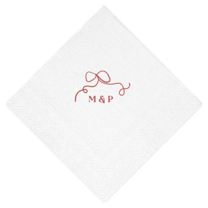 Embrace the essence of your wedding day with the Loopy Love Bow Napkin, customized with the couple's initials and adorned with a unique loopy bow graphic. A playful yet elegant touch for your matrimonial celebration.
