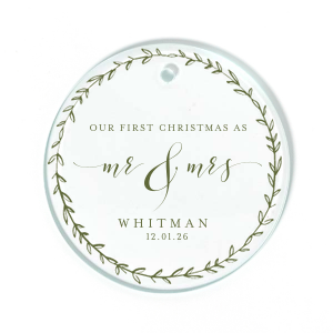 ForYourParty's chic Glass Custom Photo Circle Glass Ornament with Matte Spruce Ink Digital Print Colors will give your party the personalized touch every host desires. Featuring a wreath around the words "Our First Christmas as Mr & Mrs" this glass ornament will make the perfect personalized keepsake for your self or a loved one.