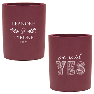 Our custom White Slim Can Cooler with Matte Dark Magenta Ink has a Twig Flourish graphic and a Yes graphic and is good for use in Wedding themed parties and will look fabulous with your unique touch. Your guests will agree!