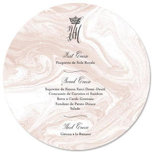 Our personalized Marble Blush Circle Menu with Matte Black Foil has a Crown graphic and is good for use in Royal and Formal parties and Weddings and will add that special attention to detail that cannot be overlooked.