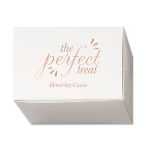 Give your guests a delightful departure with The Perfect Treat Box. Adorned with “perfect” in a stylish script with playful sparks, this tote combines charm and functionality. Perfect for carrying memorable treats, it wraps appreciation in a sleek package that says thank you in style!