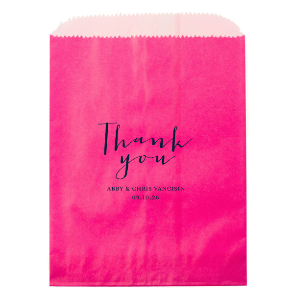 The Grateful Thank You Bag displays a heartfelt 'Thank You' in bold, centered script. Below, the couple's names and event date add a personal touch. This clear cellophane bag, ideal for wedding favors, combines simplicity with gratitude, offering a timeless token of appreciation.