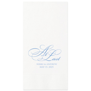 Mark the culmination of your love story with the Formal Script At Last Wedding Napkin. "At Last," in a sweeping, ornate, script, complemented by the couple's names and date, makes a grand statement for a long-anticipated wedding celebration.
