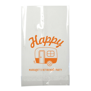 Custom Yellow Goodie Bag with Matte Tangerine Foil has a Camper graphic and is good for use in Travel and Retirement themed parties and are a must-have for your next event—whatever the celebration!