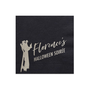 Custom Black Statement Cocktail Napkin with Shiny Merlot Foil has a Zombie Hand graphic and is good for use in Halloween themed parties and can be customized to complement every last detail of your party.