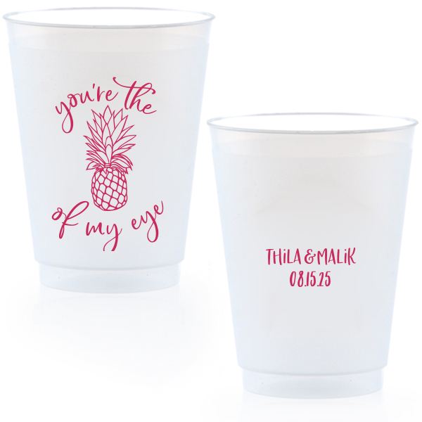 Our custom Matte Fuchsia Ink 10 oz Frost Flex Cup with Matte Fuchsia Ink Cup Ink Colors has a Pineapple Tiki graphic and is good for use in Food, Beach/Nautical themed parties and will impress guests like no other. Make this party unforgettable.