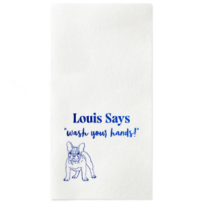 Keep things tidy with the Paws & Clean Custom Napkin, customized with your dog's name and the gentle reminder to 'wash your hands,' accompanied by an adorable dog graphic. Ideal for any dog lover's bathroom decor.