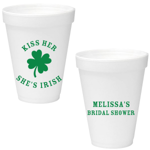 Add a dash of good luck to your event with the Kiss Me I'm Irish Cup! Featuring a dour leaf clover on one side and space to personalize with your name and the event you're celebrating on the other side, this custom cup is perfect for a bridal shower or entertaining at home. 