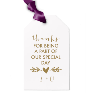 Say thank you with a wedding favor or treat tied with a custom gift tag. Choose your theme colors and add your initials as the perfect complement to our modern calligraphy script and Heart Branch graphic.