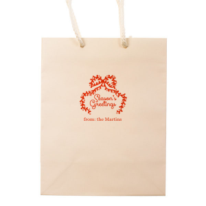 The Season's Greetings Bag is perfect for gift bags or take home party favors. Available in a wide variety of styles and colors to suite your unique needs, further customize your product to match your unique tastes and add a special detail that can't be overlooked.

