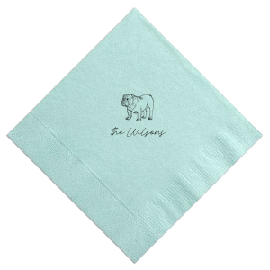 Looking for a bulldog wedding party detail? This unique napkin design is for you. Customize this party accessory with your last name, 