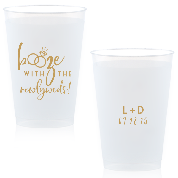 Personalized Gold Ink 14 oz Frost Flex Cup with Gold Ink Cup Ink Colors has a Wedding Rings 2 graphic and is good for use in Wedding themed parties and are a must-have for your next event—whatever the celebration!