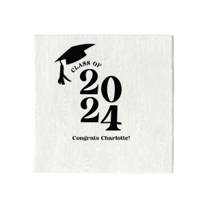 Commemorate the culmination of hard work with the Bold Year Graduate Cap Napkin, personalized with the graduate's name and the year set in a bold font, alongside a distinguished graduation cap graphic. A proud addition to any graduation party's decor.