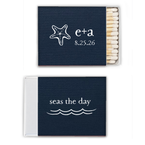 Embrace the wonder of the ocean with the Starfish Matchbook. Showcasing a beautifully detailed starfish, this design symbolizes renewal and regeneration, capturing the magic of nature’s resilience. Personalize with names and dates to add a touch of beachy elegance to your special event.