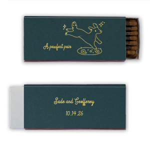Ignite the joy of your special day with the Pawfect Pair Wedding Matchbook, adorned with an illustration of a jubilant dog leaping above a patch of grass, surrounded by sparkles, and the charming phrase "A Pawfect Pair." Personalize the reverse side with the couple's names and wedding date for a unique and heartwarming touch to your celebration.