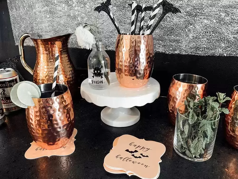 Custom Halloween Coasters on Gorgeous Bar Cart