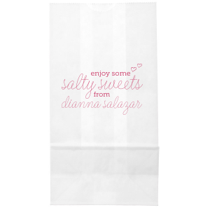 Indulge guests with salty sweets they can take home in these adorable personalized party bags. Perfect for a dessert bar, the hand lettered script and little hearts give a playful feminine touch your bride will love at her bridal shower or bachelorette party. 