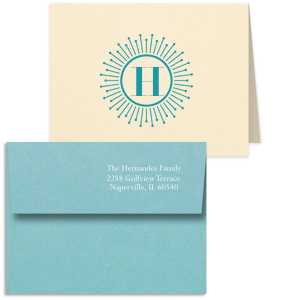 Pen your notes with a touch of the roaring twenties on the Sunburst Initial Note Card With Envelope. The iconic sunburst frame spotlights your family initial, radiating sophistication. Accompanied by an envelope with your return address, each note becomes a stylish statement.