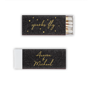 Ignite romance with the Sparks Fly Confetti Name Match, capturing the thrill of love's spark. The design playfully features "sparks fly" in whimsical, lower-case script, embellished with dot confetti to mimic flying sparks. The other side displays the couple's first names. This design symbolizes the exciting spark that lights up their love. 