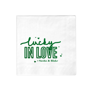 ForYourParty's chic Honeydew Cocktail Napkin with Shiny Leaf Foil has a Confetti Heart Lucky In Love graphic and is good for use in Wedding, Bridal Shower, and Engagement themed parties and can be customized to complement every last detail of your party.