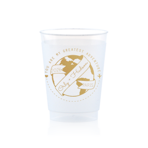 The ever-popular Gold Ink 10 oz Frost Flex Cup with Gold Ink Cup Ink Colors has a World Badge graphic and is good for use in Wedding, Baby Shower, Travel themed parties and will impress guests like no other. Make this party unforgettable.