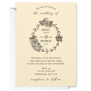 Embrace a future of love and luck with the Peony Frame Wedding Invitation, adorned with a hand-drawn peony wreath symbolizing prosperity and joy. The couple's names are tenderly framed within, inviting guests to a celebration graced with floral elegance and heartfelt promise